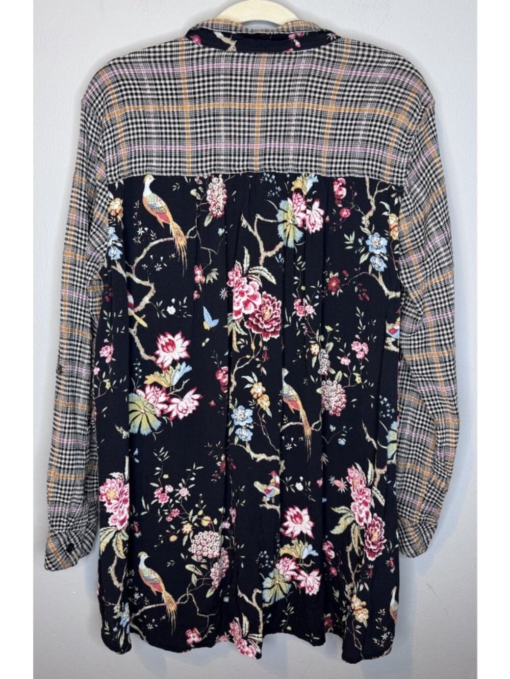 John Mark Large Top Long Roll Sleeve Floral Plaid Blouse Collared Button Front